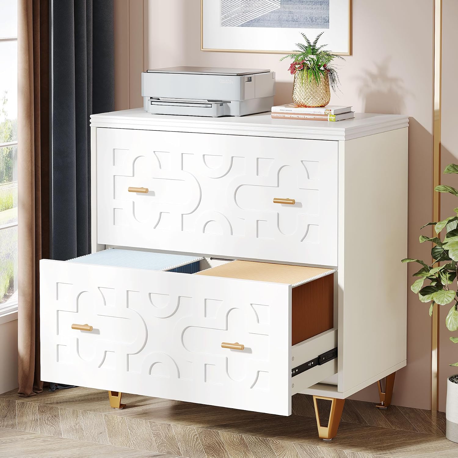 Printer Stand - 2단 서랍형 파일 캐비닛, 웜 화이트